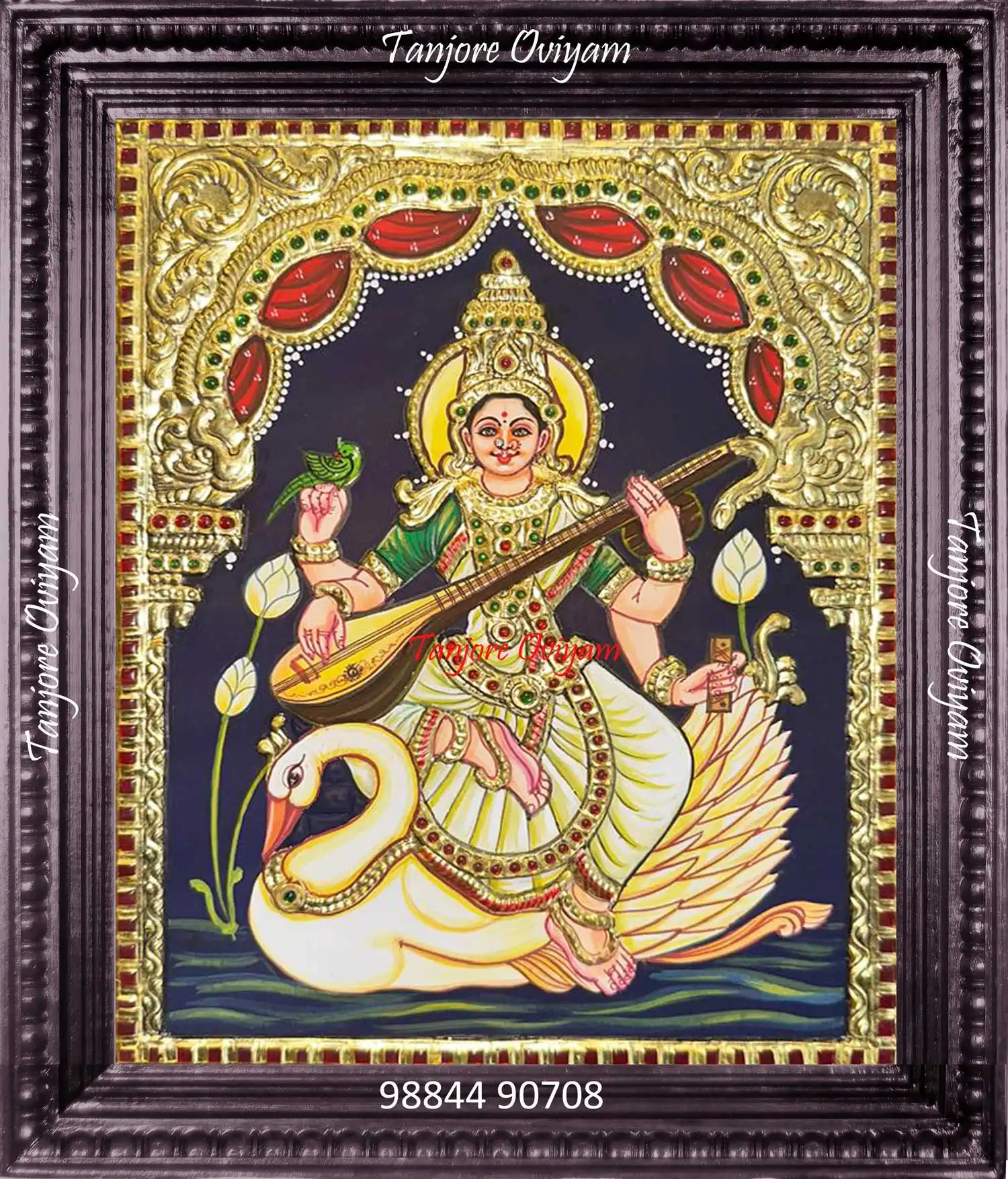 Saraswathi Tanjore Painting featuring Goddess Saraswathi seated on a white swan holding a veena and lotus, handcrafted with gold foil in Thanjavur art style